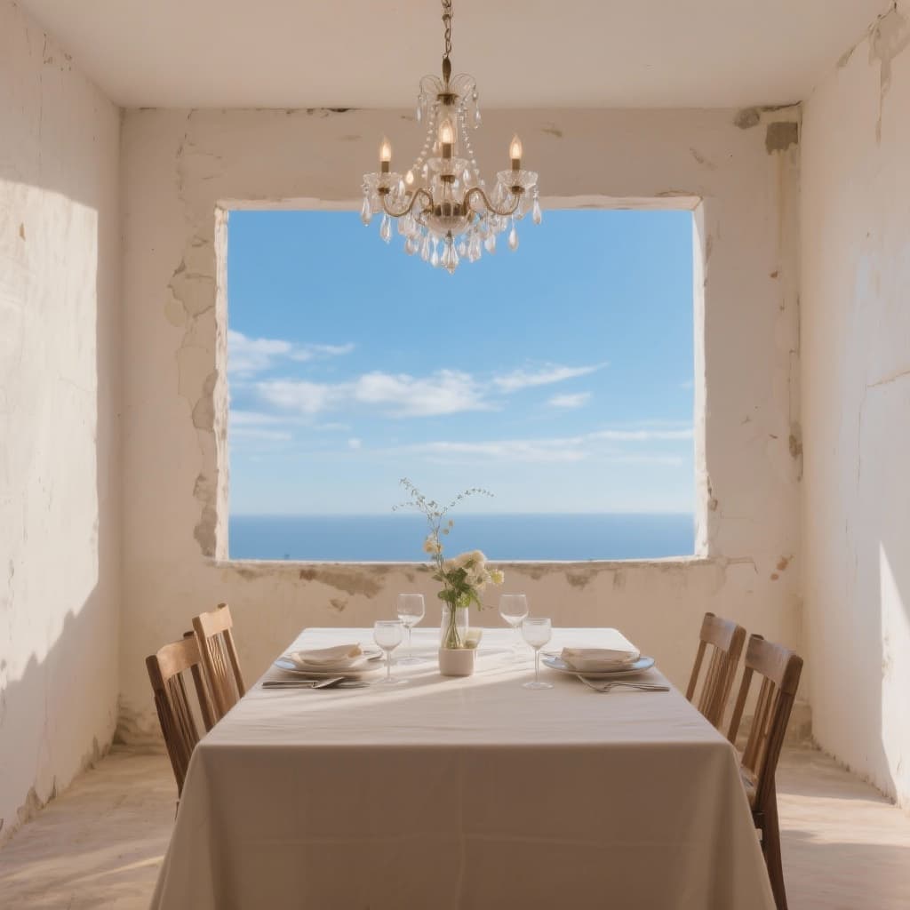 Seaside dining with chandelier view